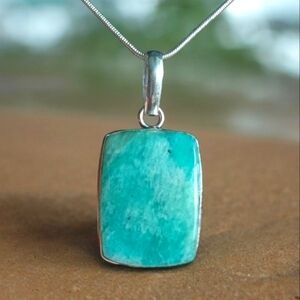 Amazonite Crystal 925 Sterling Silver Rectangle Pendant Necklace w/ 18" Chain